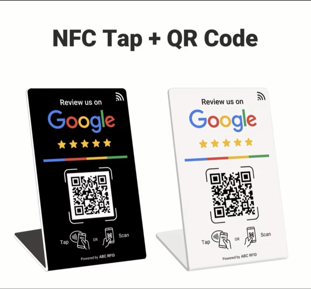 Black Review Mate Google Review Stand on a dark studio surface